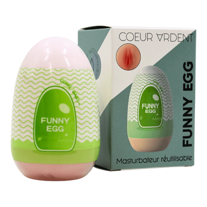 Masturbateur Funny Egg vert avec packaging Coeur Ardent, gaine réutilisable design vagin réaliste - Oh My God'Z