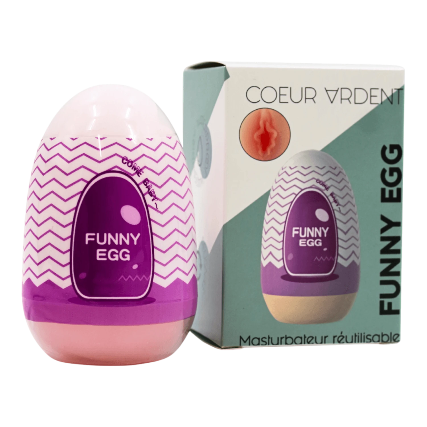 Masturbateur Funny Egg violet avec boîte Coeur Ardent et gaine TPE beige extensible - Oh My God'Z