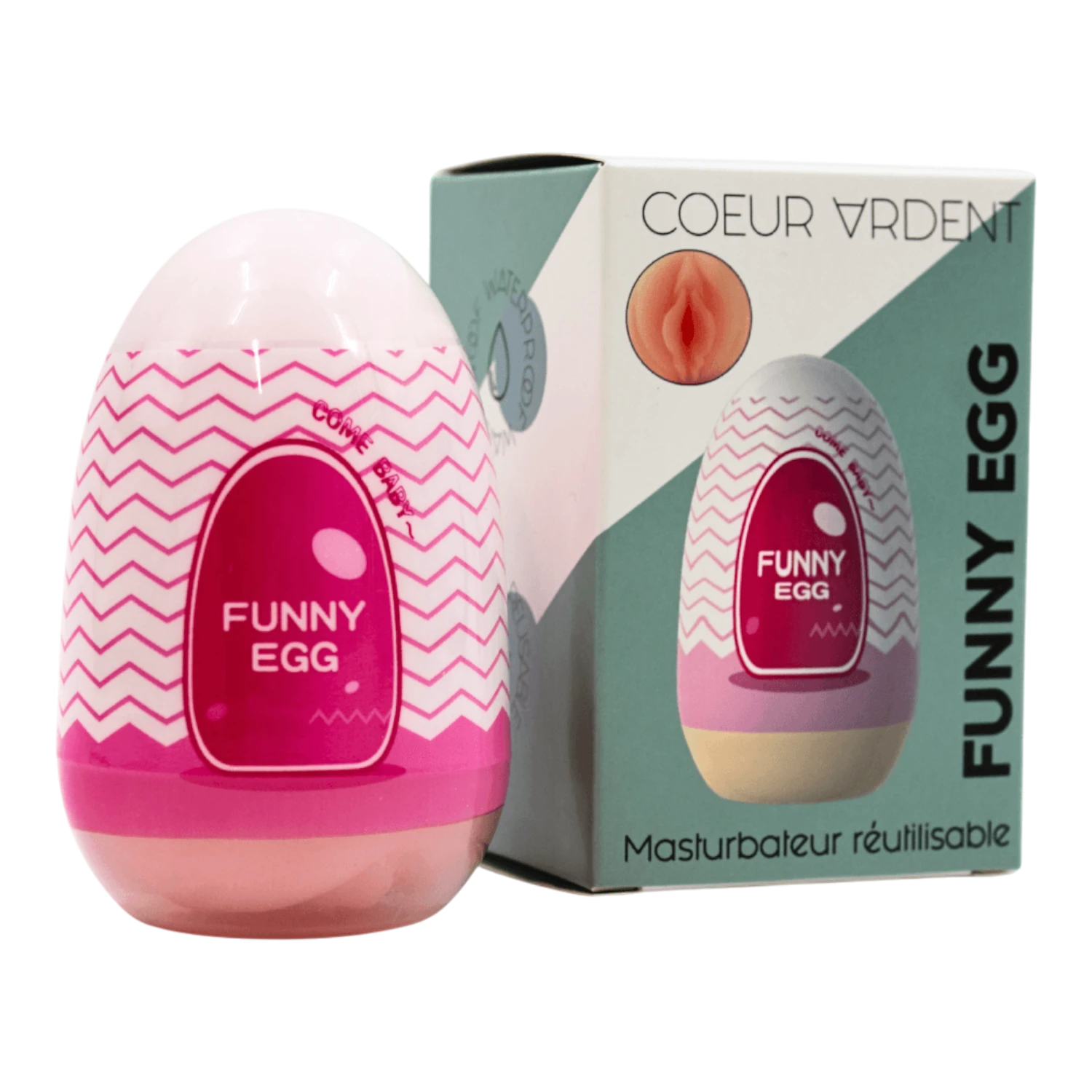 Gaine masturbatrice Funny Egg avec packaging Coeur Ardent design vagin lèvres épaisses TPE rose - Oh My God'Z