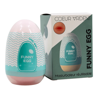 Masturbateur Funny Egg turquoise et rose avec packaging Coeur Ardent sur fond blanc - Oh My God'Z
