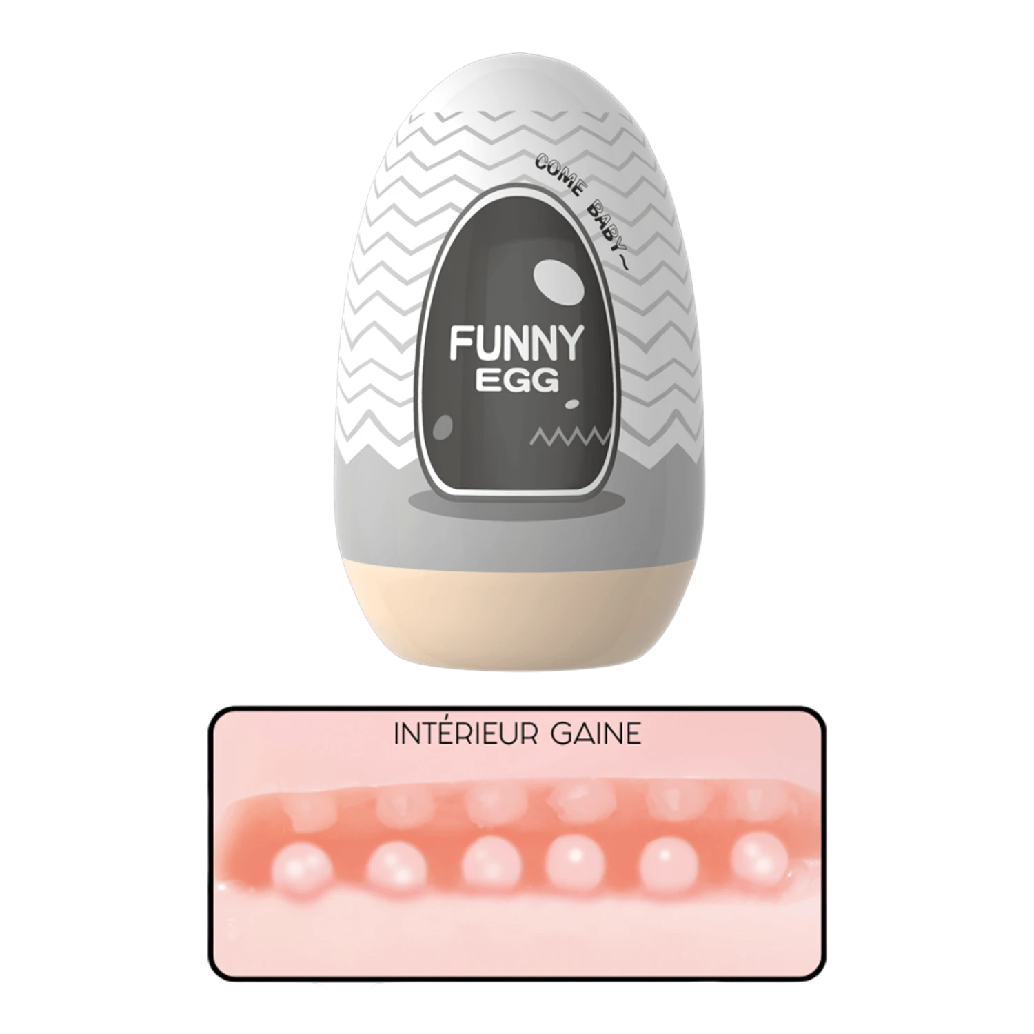 Masturbateur Funny Egg gris et beige, vue rapprochée texture gaine interne réaliste en TPE - Oh My God'Z