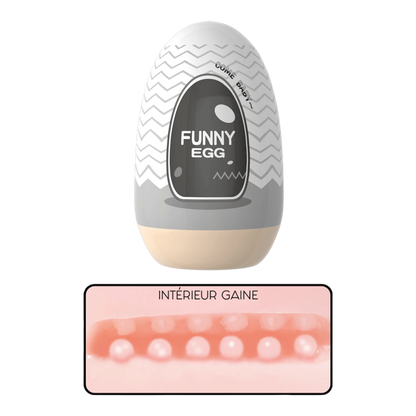 Masturbateur Funny Egg gris et beige, vue rapprochée texture gaine interne réaliste en TPE - Oh My God'Z