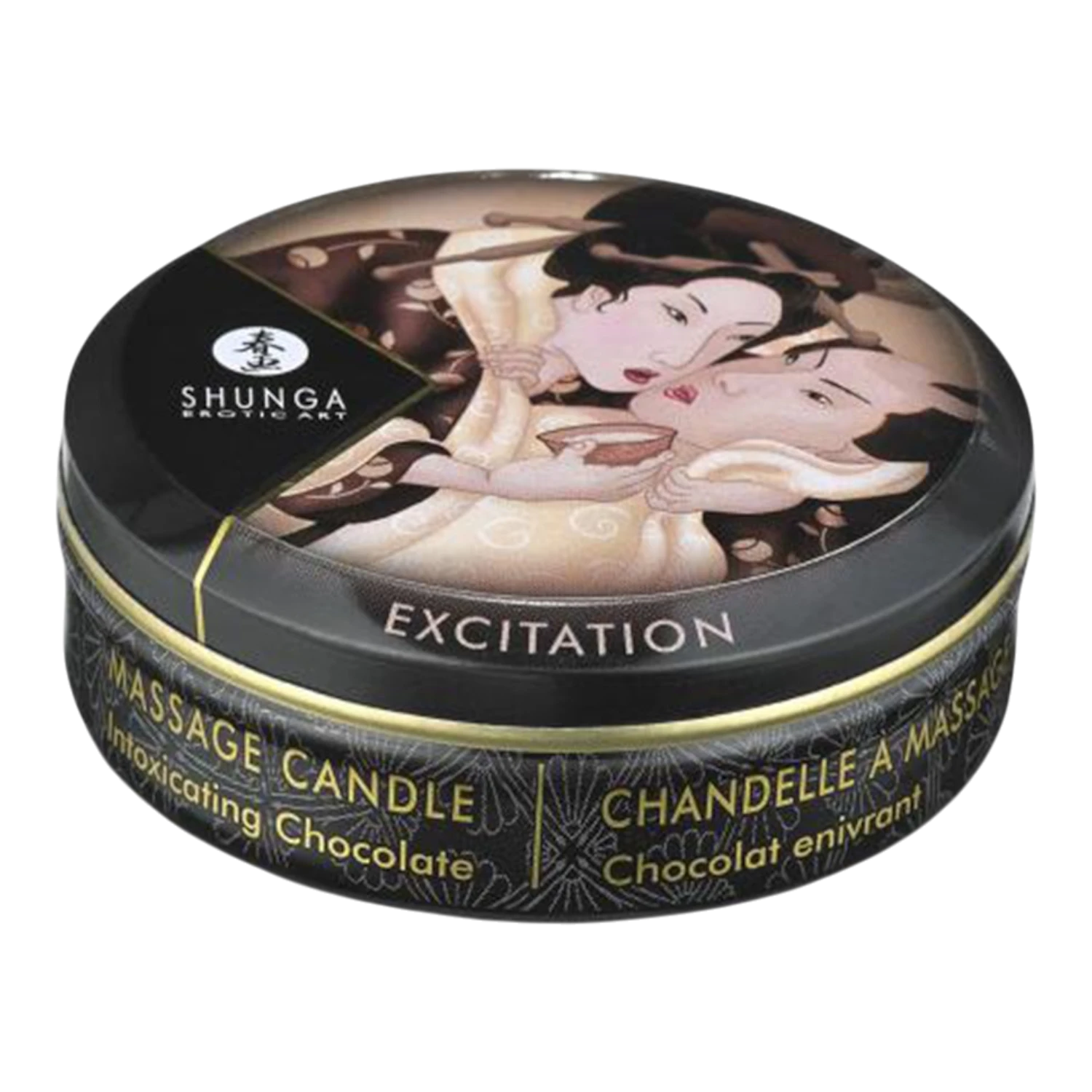 Mini bougie de massage Shunga Excitation chocolat 30ml fermée, boîte ronde noire et dorée illustration - Oh My God'Z