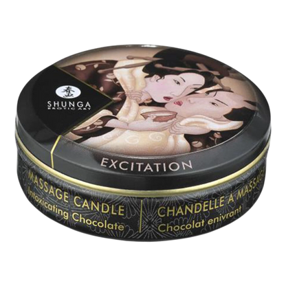 Mini bougie de massage Shunga Excitation chocolat 30ml fermée, boîte ronde noire et dorée illustration - Oh My God'Z