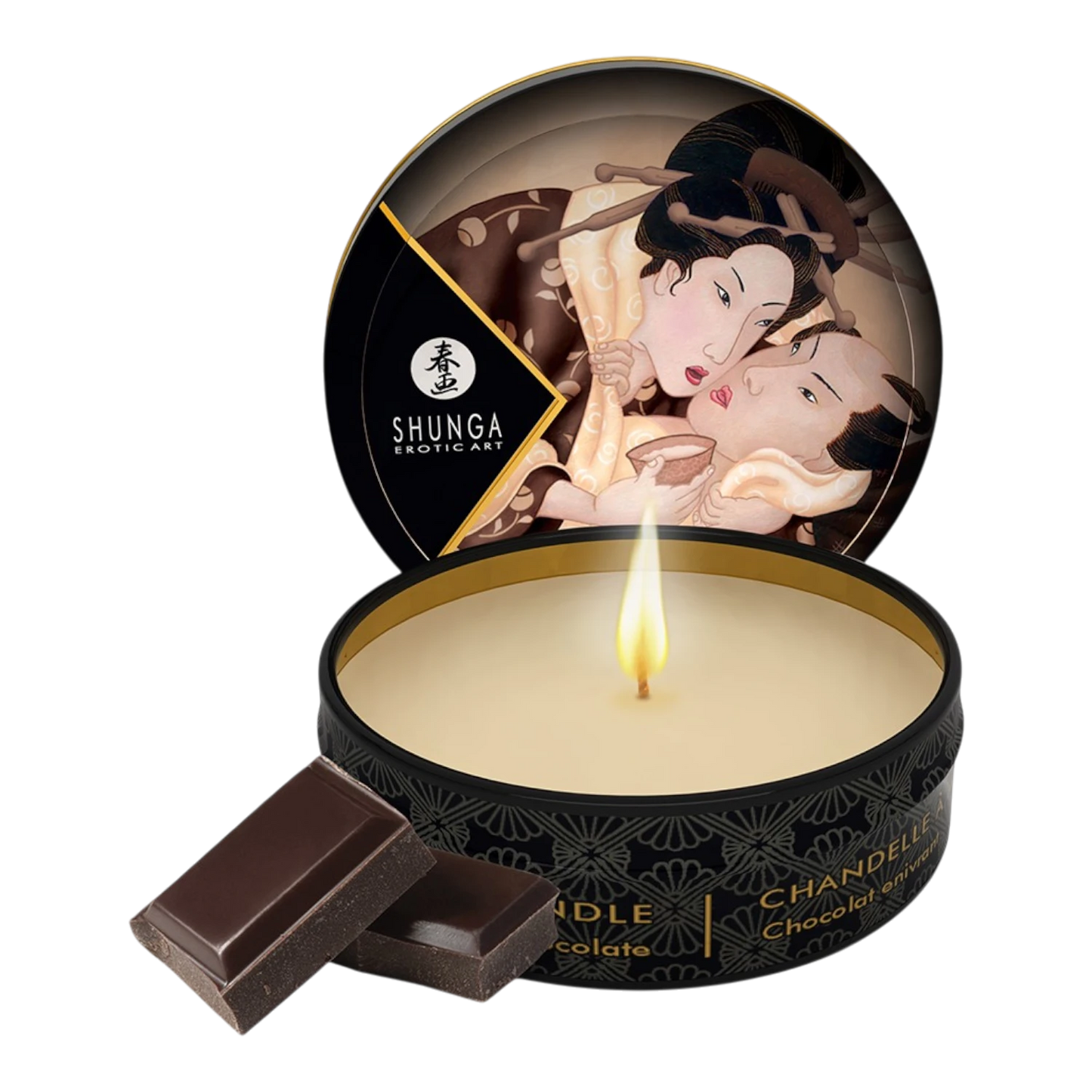 Mini bougie de massage Shunga chocolat 30ml, boîte ronde noire dorée ouverte avec cire beige - Oh My God'Z