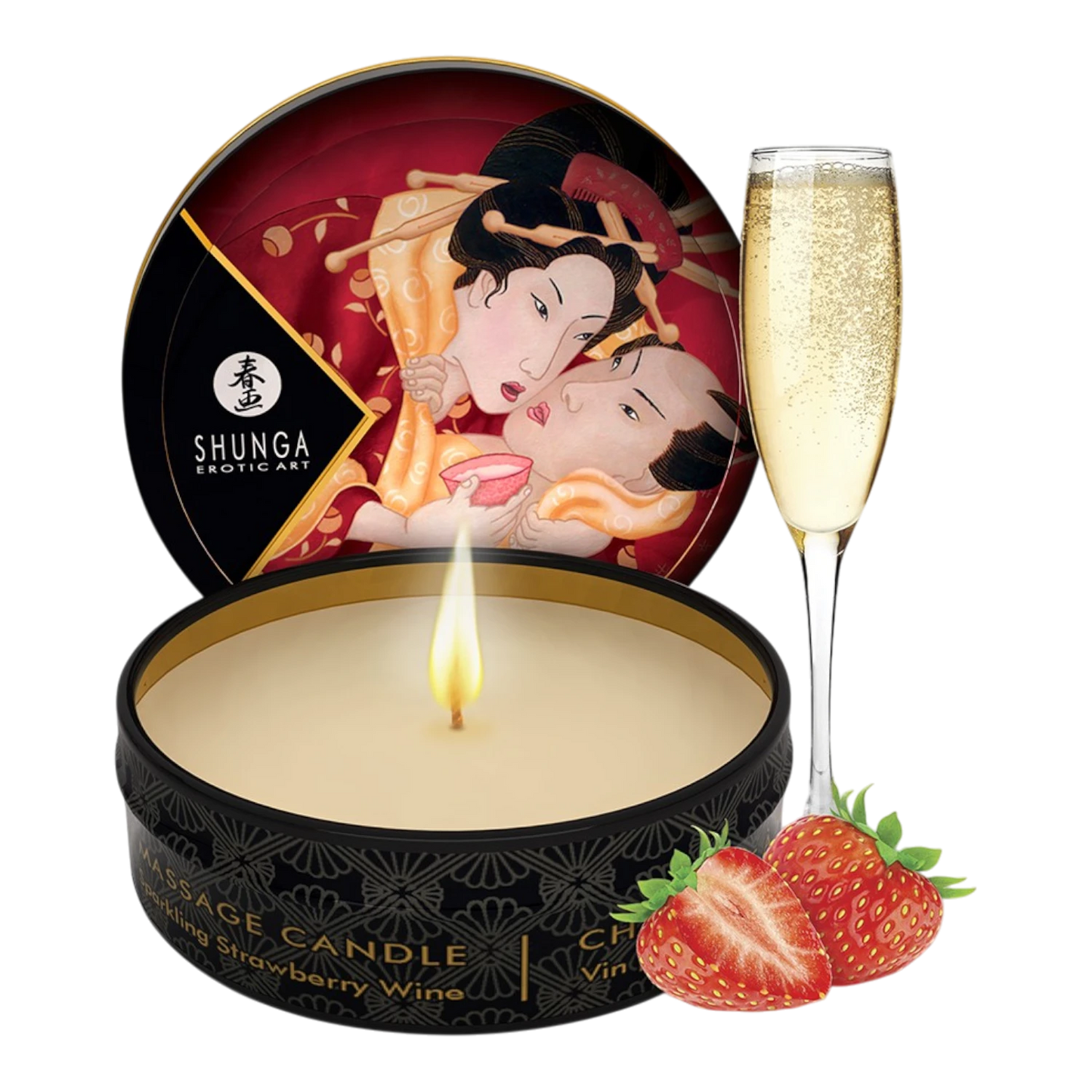 Mini bougie de massage Shunga fraise vin pétillant 30ml, packaging noir et rouge avec couvercle décoré - Oh My God'Z