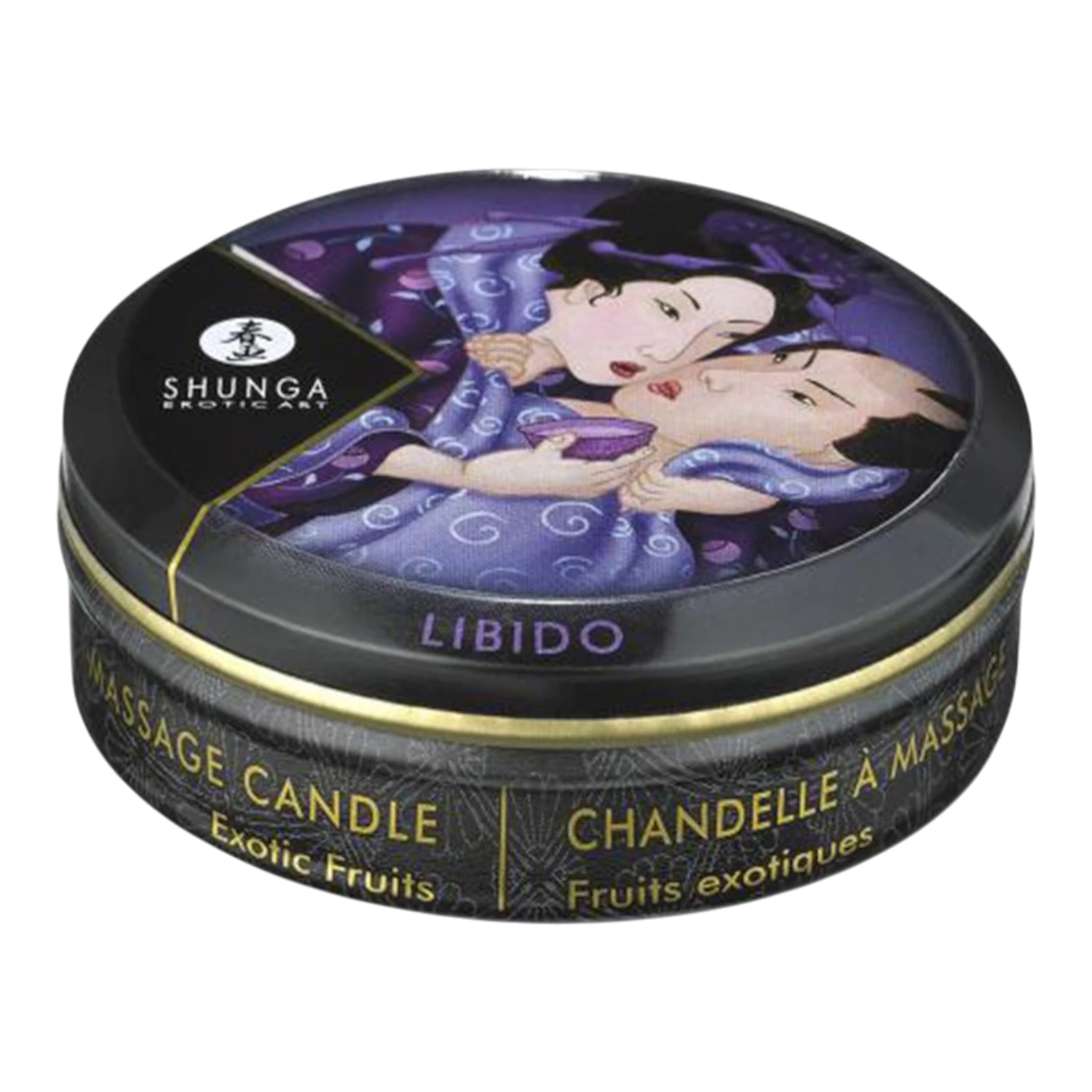 Mini bougie massage Shunga Libido fruits exotiques 30ml format compact avec illustration érotique violette - Oh My God'Z