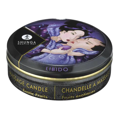 Mini bougie massage Shunga Libido fruits exotiques 30ml format compact avec illustration érotique violette - Oh My God'Z