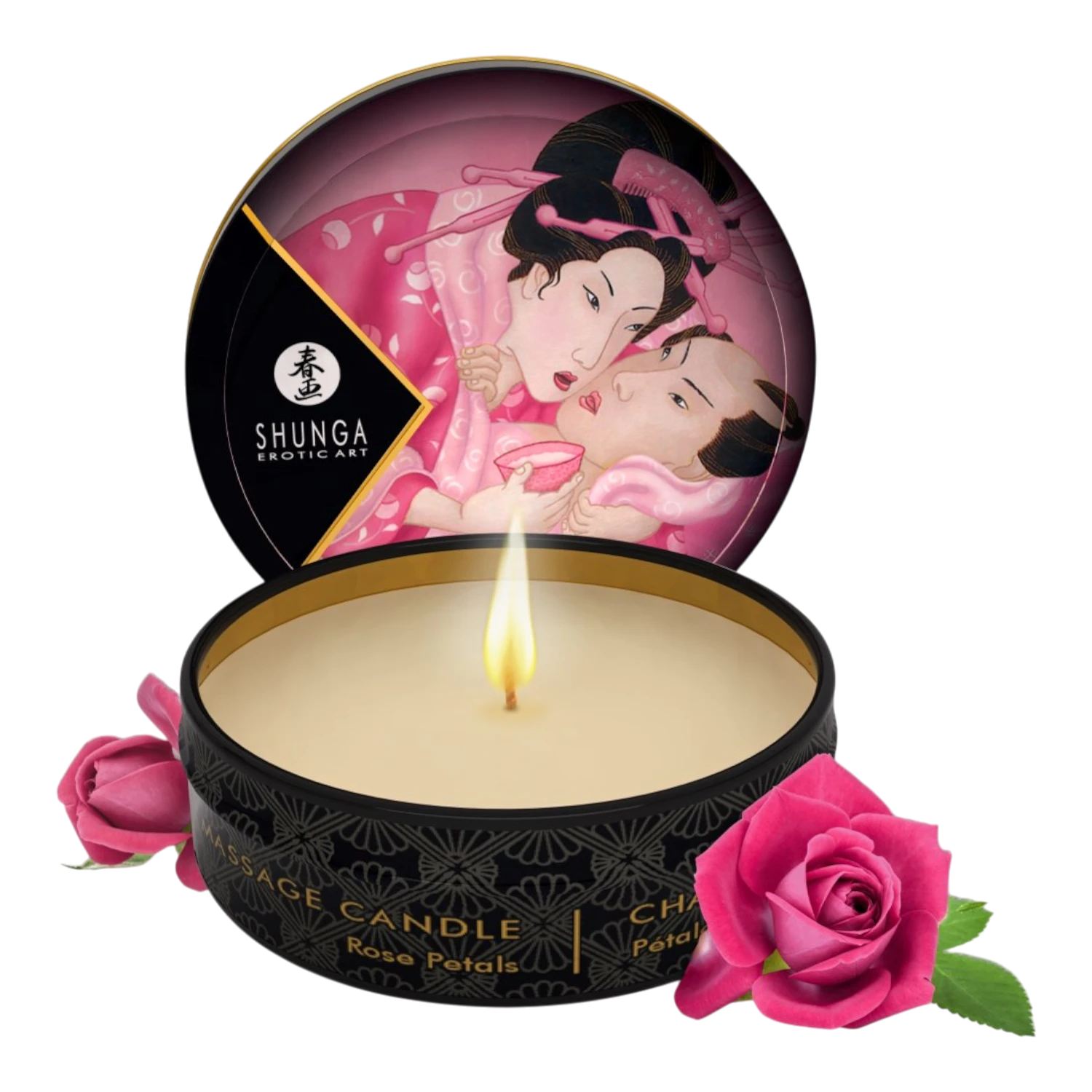 Mini bougie de massage Shunga à la rose, boîte noire et rose avec illustration japonaise et cire beige - Oh My God'Z