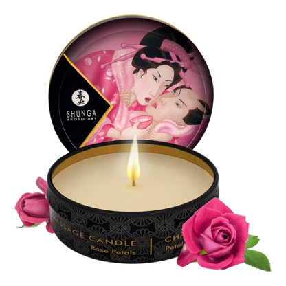 Mini bougie de massage Shunga à la rose, boîte noire et rose avec illustration japonaise et cire beige - Oh My God'Z