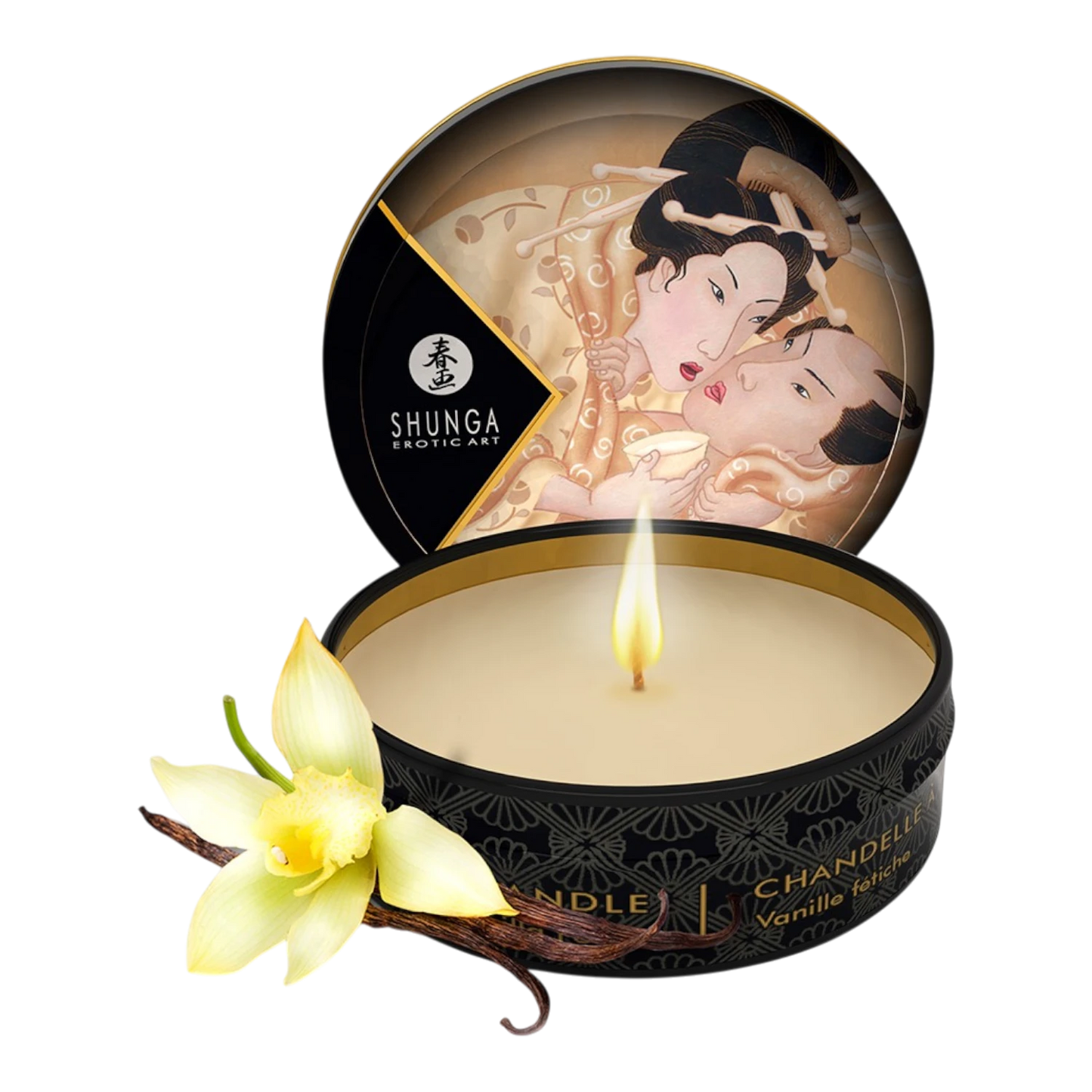 Bougie de massage vanille Shunga dans boîte noire et or, cire beige avec mèche allumée et orchidée - Oh My God'Z