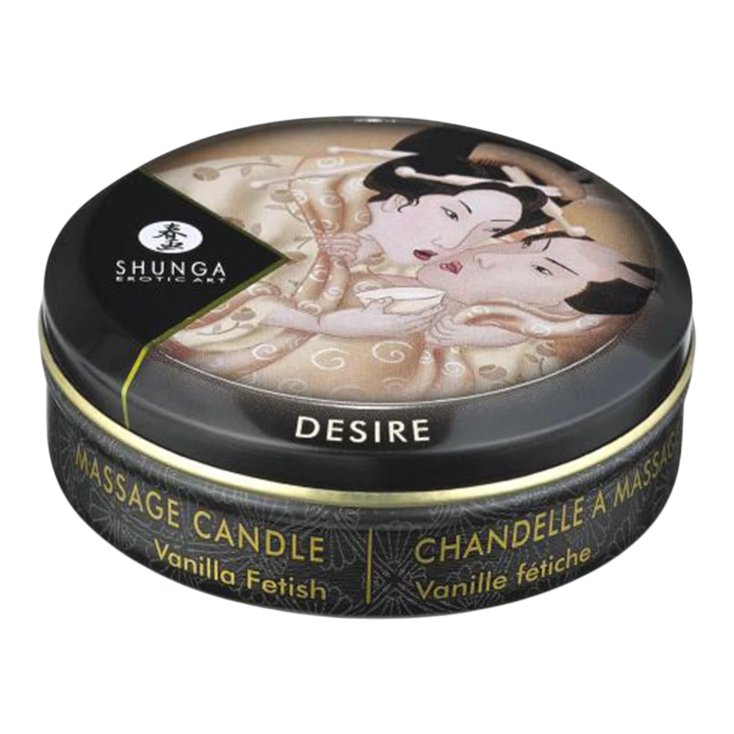 Mini bougie de massage vanille Shunga fermée, boîte ronde noire et dorée avec illustration érotique asiatique - Oh My God'Z