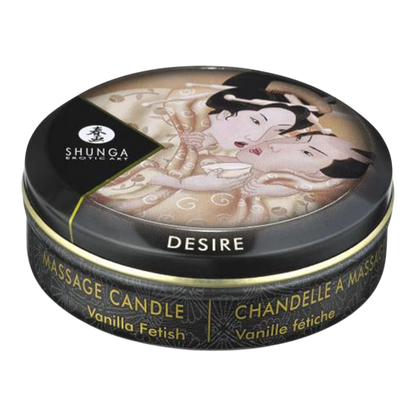 Mini bougie de massage vanille Shunga fermée, boîte ronde noire et dorée avec illustration érotique asiatique - Oh My God'Z