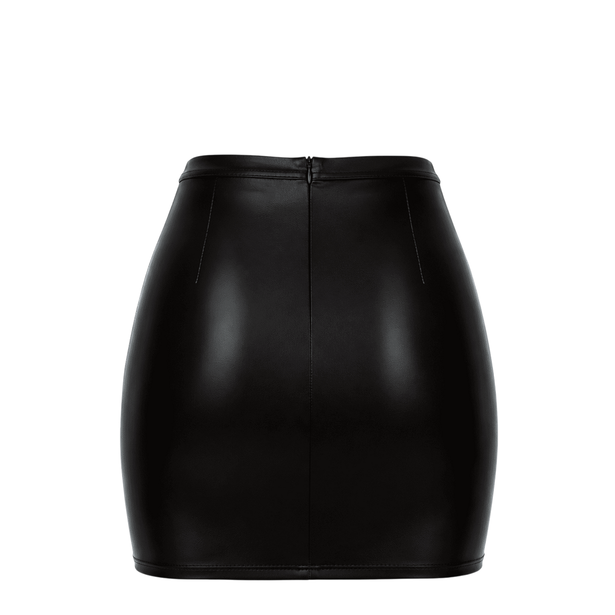 Mini-jupe noire wetlook vue a plat de dos avec sa fine ceinture et son zip invisible central - Oh My God'Z