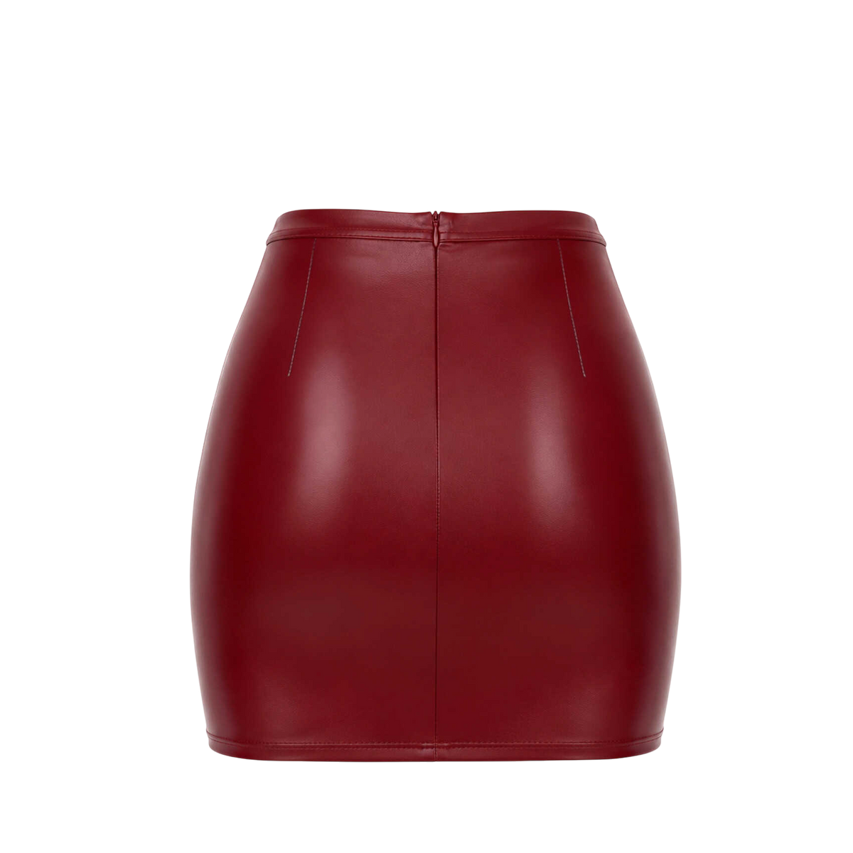 Dos de la mini jupe bordeaux en wetlook a plat, zip invisible central et finition ceinture - Oh My God'Z