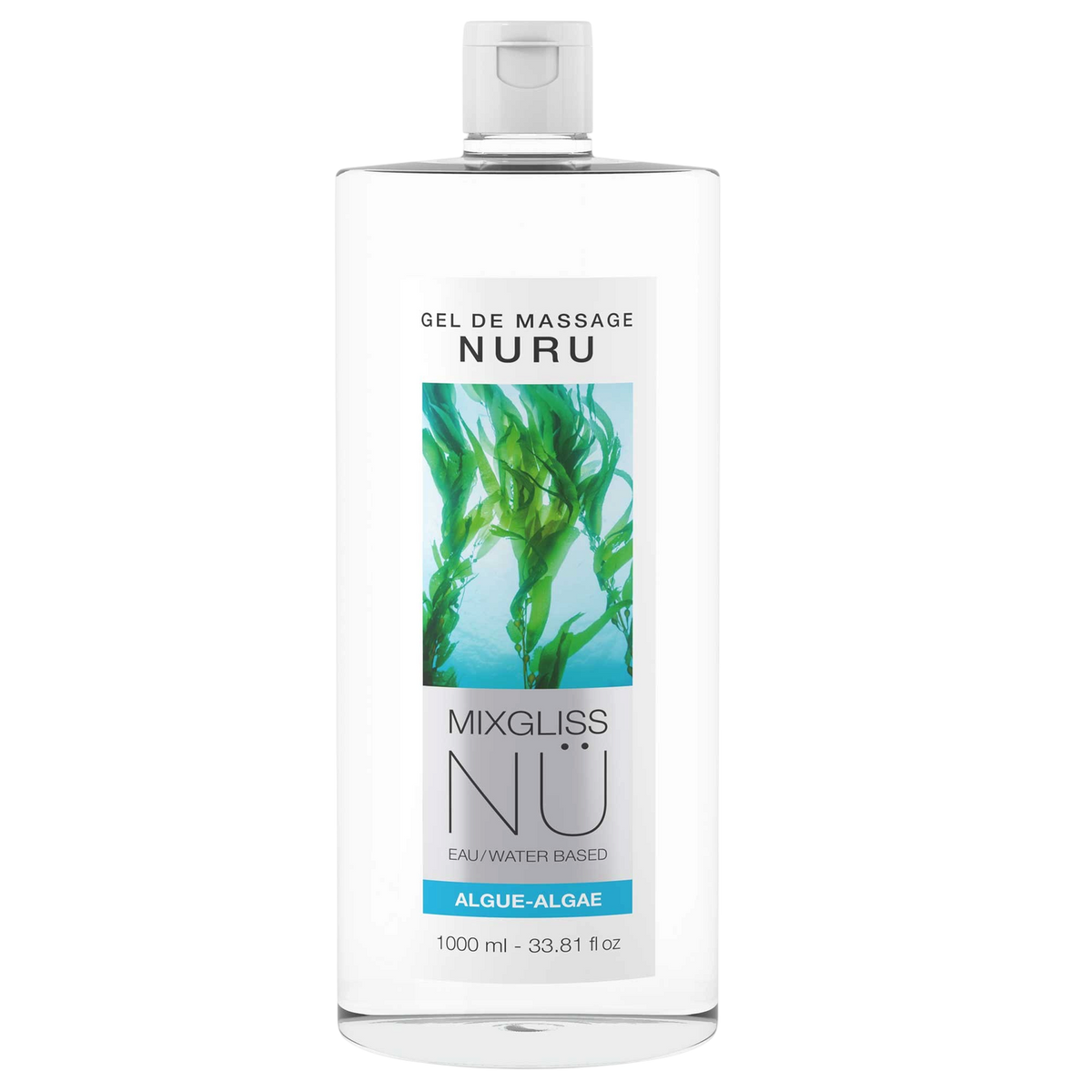 Flacon transparent Mixgliss NU gel de massage Nuru algue 1000 ml, etiquette blanche et bleue - Oh My God'Z