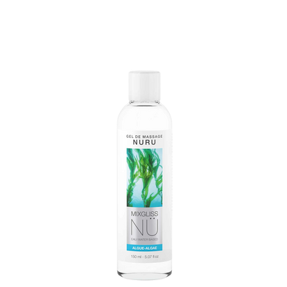 Flacon transparent Mixgliss NU gel de massage Nuru algue 150 ml, bouchon blanc et etiquette bleu vert - Oh My God'Z
