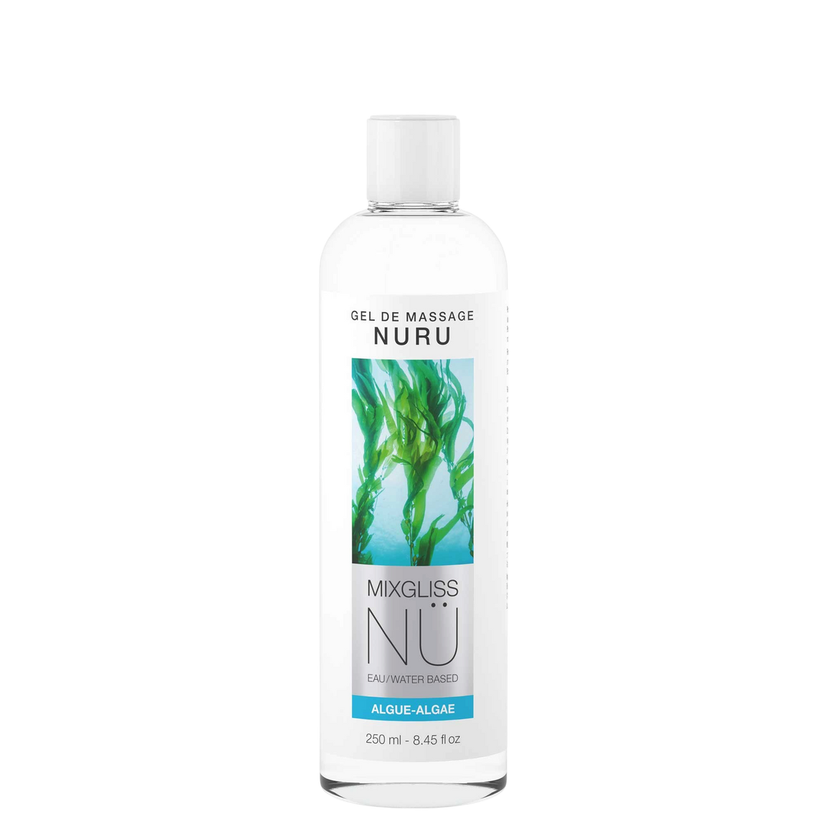 Flacon transparent Mixgliss NU gel de massage Nuru algue 250 ml, bouchon blanc et etiquette bleu vert - Oh My God'Z