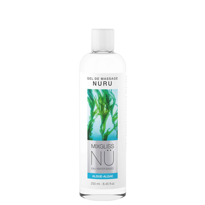 Flacon transparent Mixgliss NU gel de massage Nuru algue 250 ml, bouchon blanc et etiquette bleu vert - Oh My God'Z