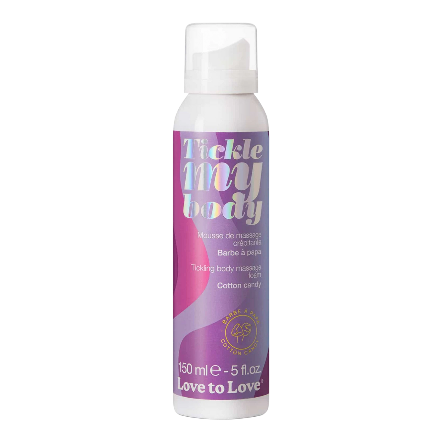Mousse de massage crépitante Tickle My Body parfum barbe à papa, flacon blanc et violet 150ml - Oh My God'Z