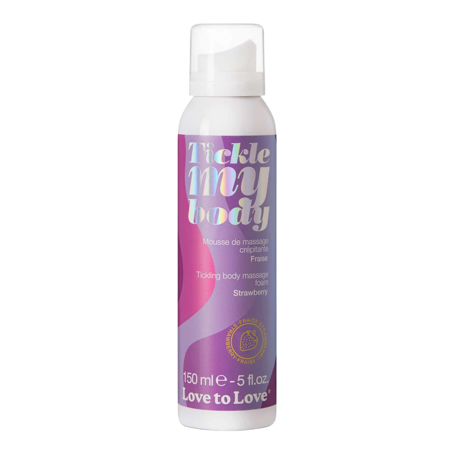 Mousse de massage crépitante Tickle My Body fraise 150ml en aérosol blanc et rose sur fond blanc - Oh My God'Z