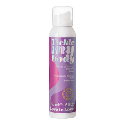 Mousse de massage crépitante Tickle My Body fraise 150ml en aérosol blanc et rose sur fond blanc - Oh My God'Z