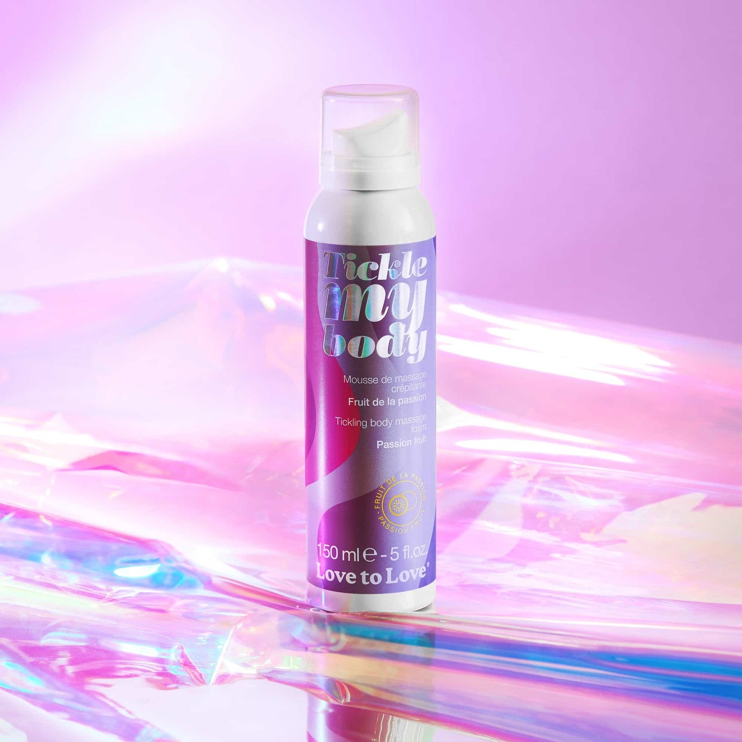 Mousse corporelle crépitante Love to Love, packaging violet et rose avec effet holographique - Oh My God'Z