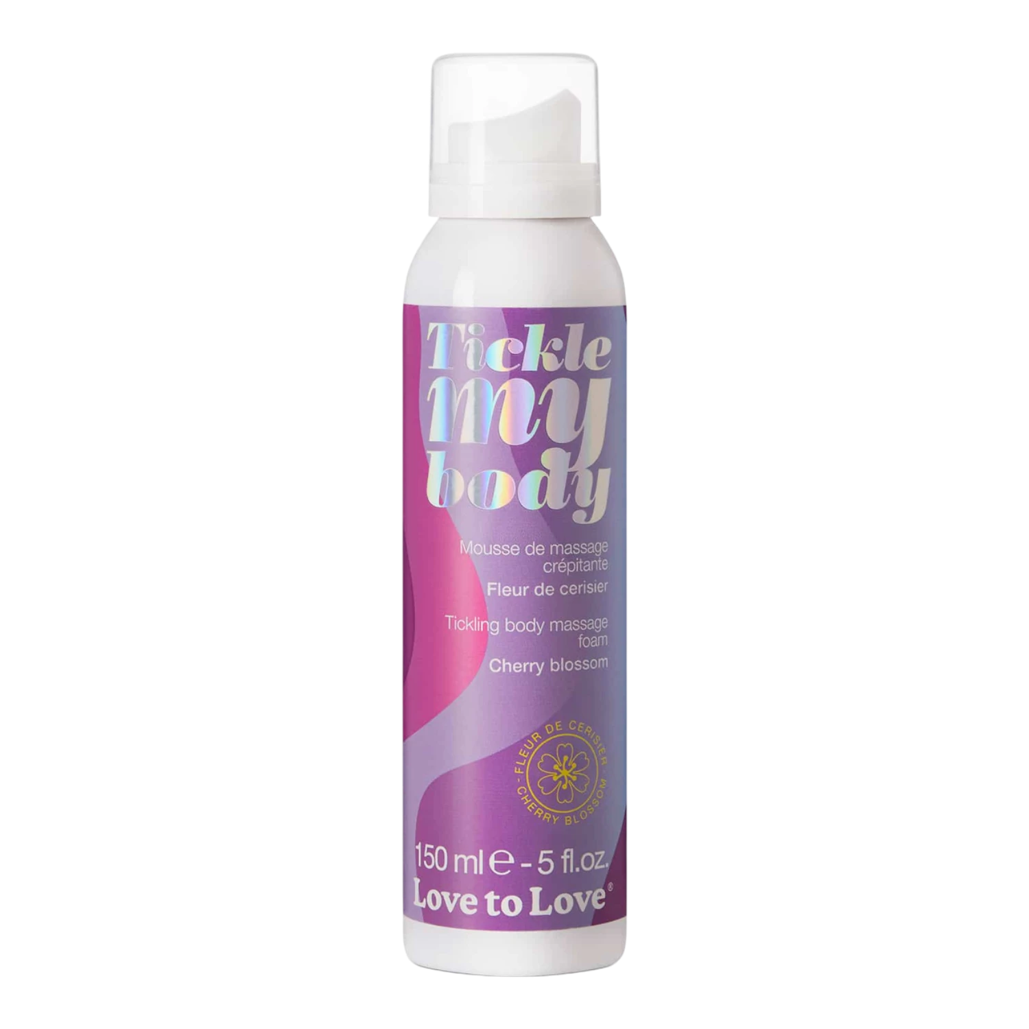 Mousse de massage Tickle My Body fleur de cerisier 150ml, flacon blanc avec étiquette rose et violet - Oh My God'Z