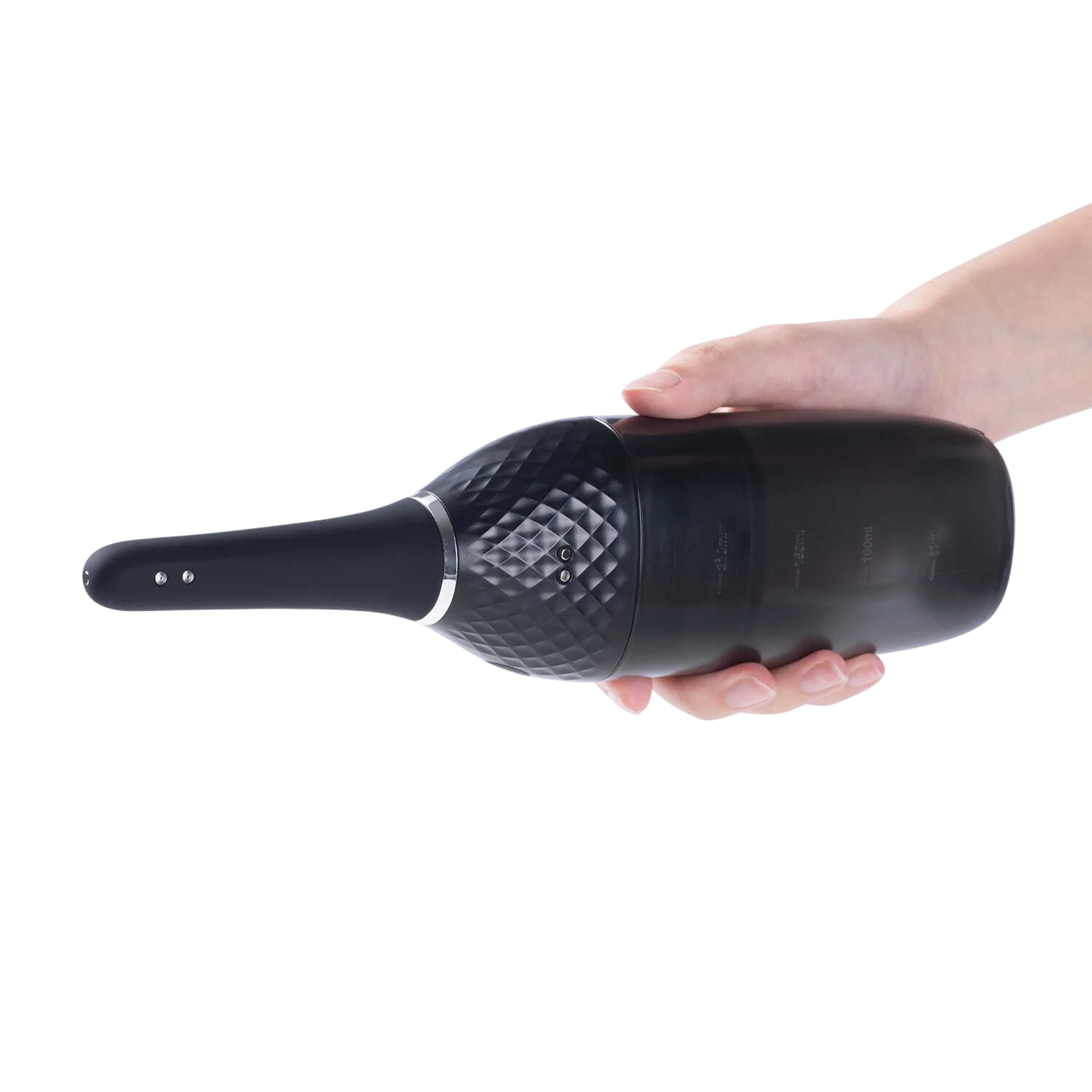 Nettoyeur anal Auto Bulb noir tenu en main, montrant la prise ergonomique et le format bouteille - Oh My God'Z