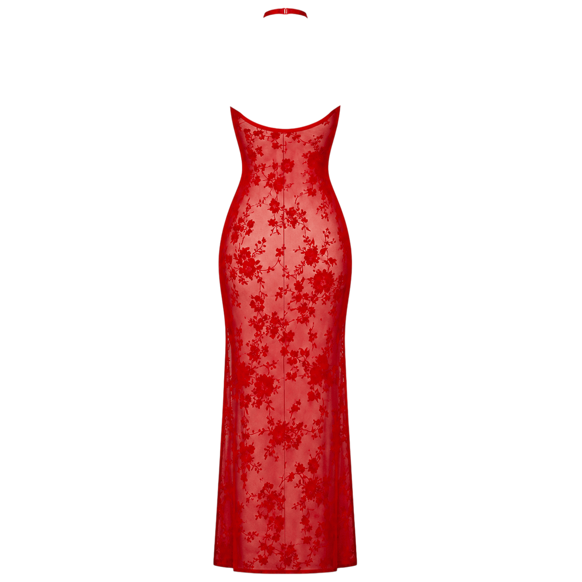 Robe longue rouge en tulle floque fleuri, dos nu et coupe sirene ajustee, vue produit dos - Oh My God'Z