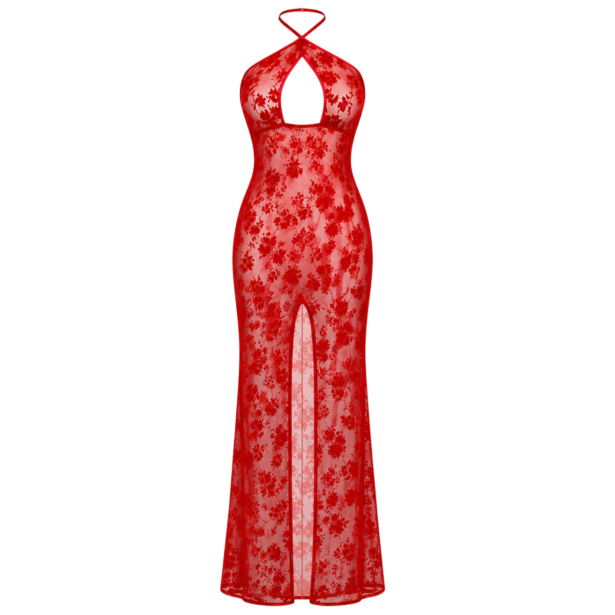 Robe longue rouge en tulle floque motif floral, decollete ajoure et fente frontale, vue produit face - Oh My God'Z