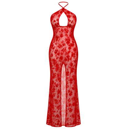 Robe longue rouge en tulle floque motif floral, decollete ajoure et fente frontale, vue produit face - Oh My God'Z