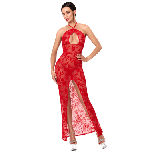 Robe longue rouge en tulle floque transparent, decollete ajoure et fente haute, portee de face - Oh My God'Z
