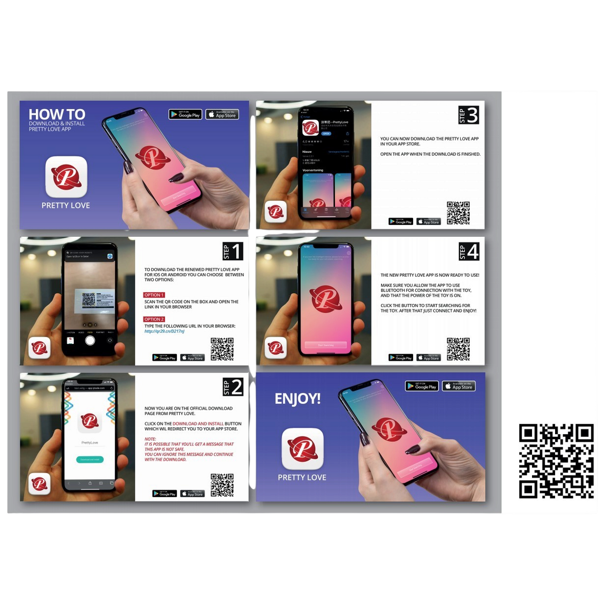 Notice illustree expliquant le telechargement et l'installation de l'application Pretty Love sur mobile - Oh My God'Z