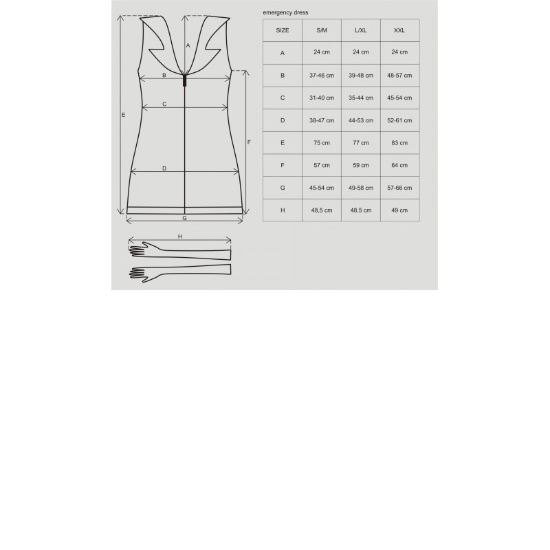 Guide des tailles du costume Emergency Obsessive : mesures en cm de la robe d'infirmiere et des gants longs - Oh My God'Z