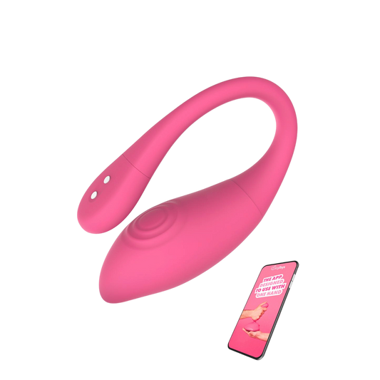 Oeuf vibrant connecte Aria EasyConnect rose en silicone, avec smartphone affichant l'application dediee - Oh My God'Z