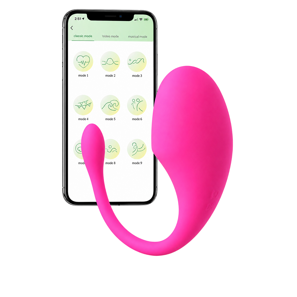 Oeuf vibrant connecte Luvegg DIK en silicone magenta devant un smartphone affichant les modes de vibration - Oh My God'Z