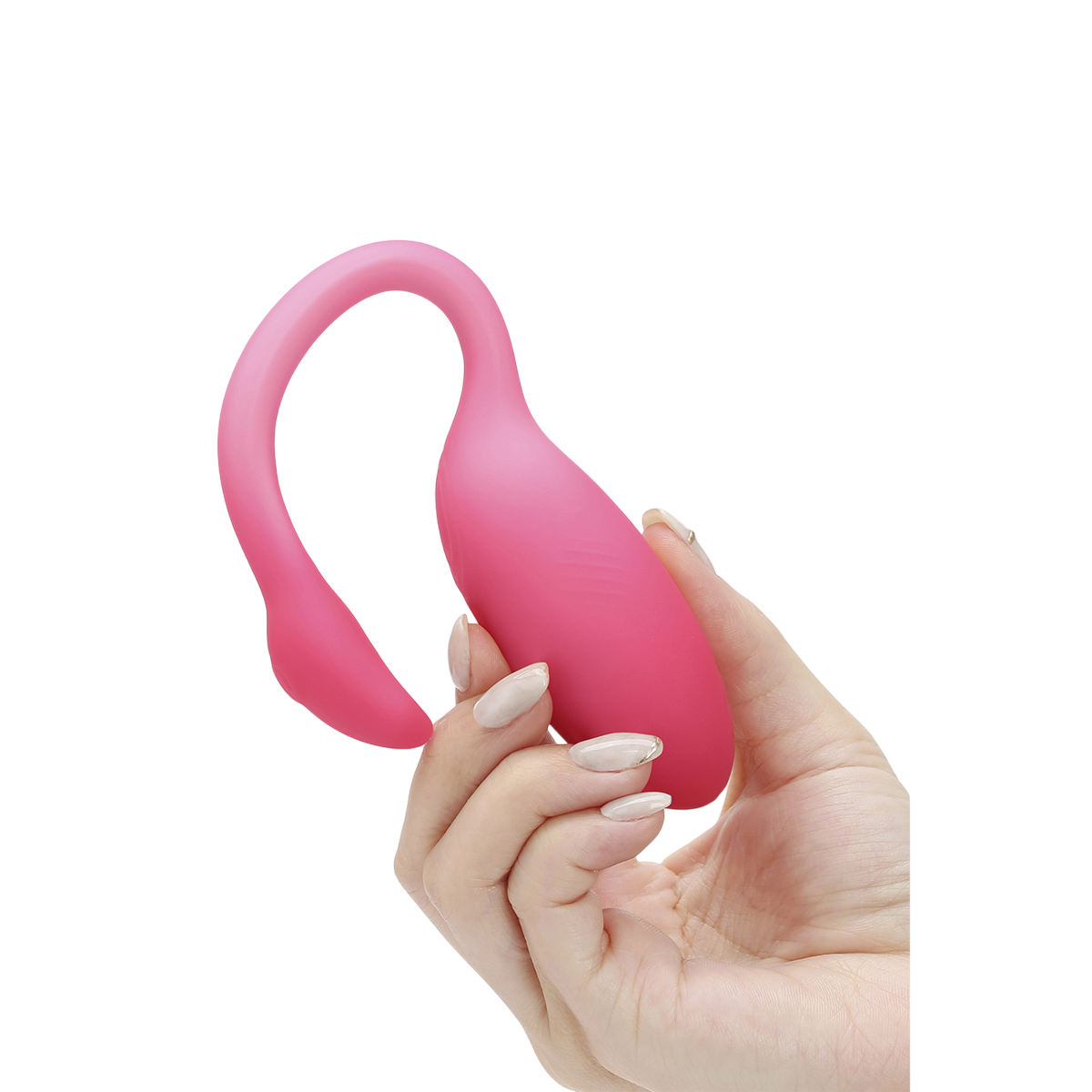 Oeuf vibrant connecte Flamingo Max rose en silicone tenu dans une main, montrant sa taille et sa souplesse - Oh My God'Z