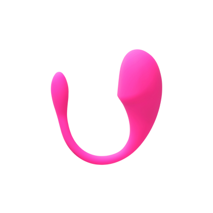 Oeuf vibrant Luvegg DIK en silicone medical magenta vu de profil avec sa longue tige de retrait flexible - Oh My God'Z