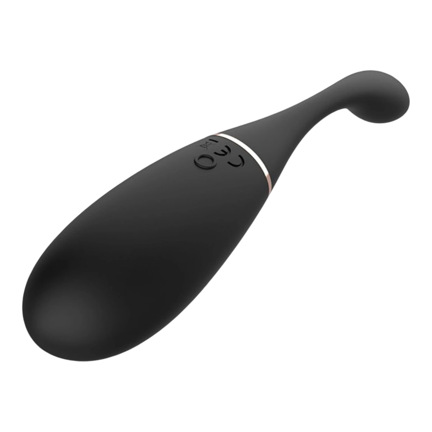 Œuf vibrant noir télécommandé vue latérale, design ergonomique en silicone avec anneau rose gold - Oh My God'Z