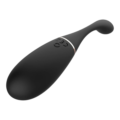 Œuf vibrant noir télécommandé vue latérale, design ergonomique en silicone avec anneau rose gold - Oh My God'Z