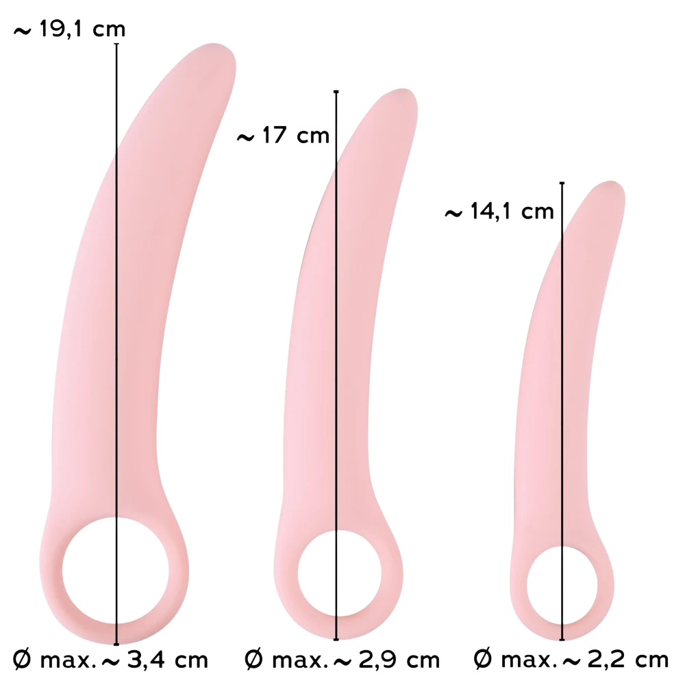 Kit de 3 dilatateurs vaginaux Oh My God'Z en silicone rose avec anneau de préhension et dimensions indiquées