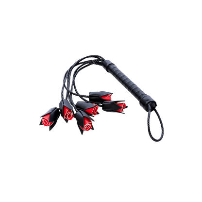Martinet BDSM Oh My God'Z noir avec lanières tressées terminées par des roses rouges en polyuréthane