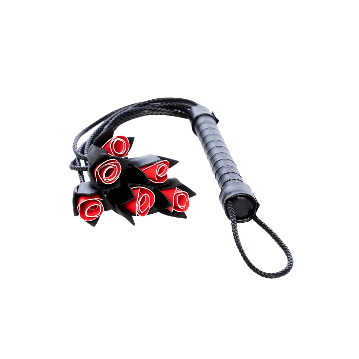 Martinet BDSM Oh My God'Z noir avec lanières tressées terminées par des roses rouges en polyuréthane
