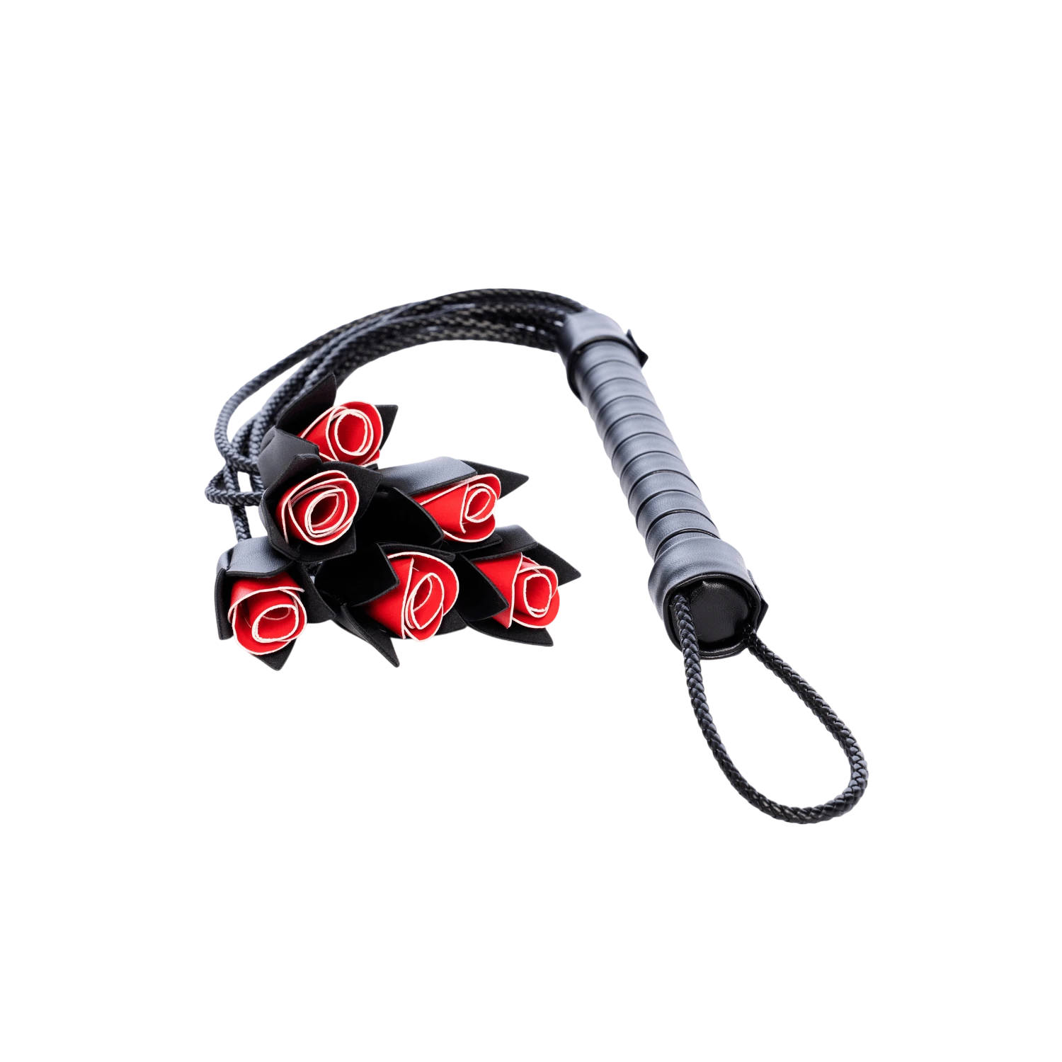 Martinet BDSM Oh My God'Z noir avec lanières tressées terminées par des roses rouges en polyuréthane