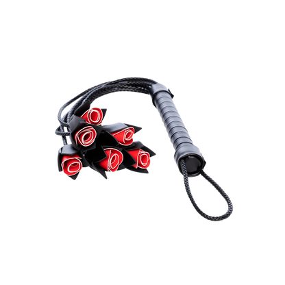 Martinet BDSM Oh My God'Z noir avec lanières tressées terminées par des roses rouges en polyuréthane