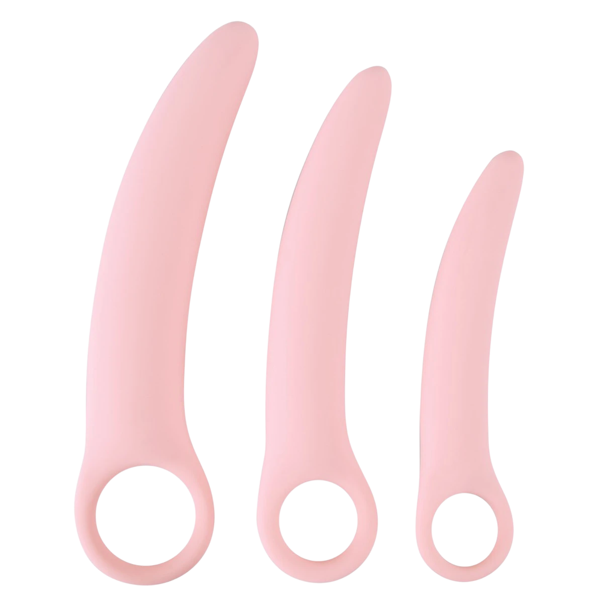 Kit de 3 dilatateurs vaginaux Oh My God'Z en silicone rose souple avec anneau de préhension et formes progressives.