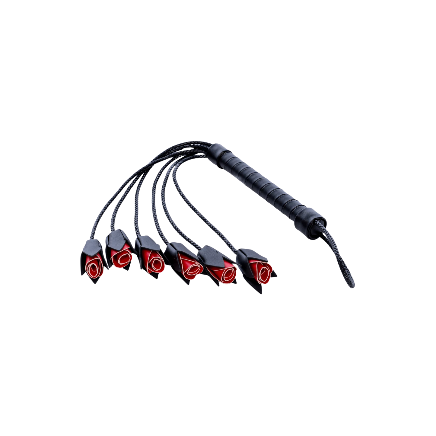 Martinet BDSM Mapalé noir avec lanières tressées et roses rouges décoratives, vendu par Oh My God'Z