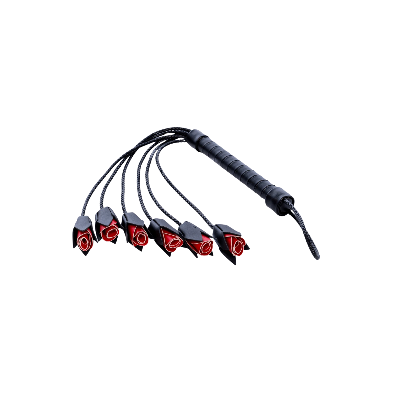 Martinet BDSM Mapalé noir avec lanières tressées et roses rouges décoratives, vendu par Oh My God'Z