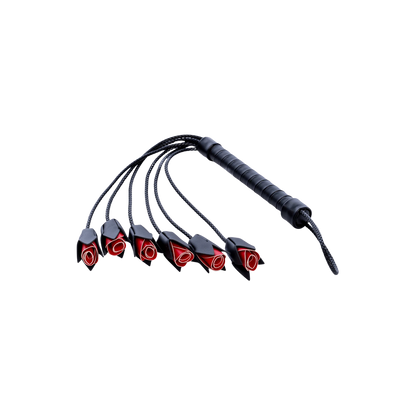Martinet BDSM Mapalé noir avec lanières tressées et roses rouges décoratives, vendu par Oh My God'Z